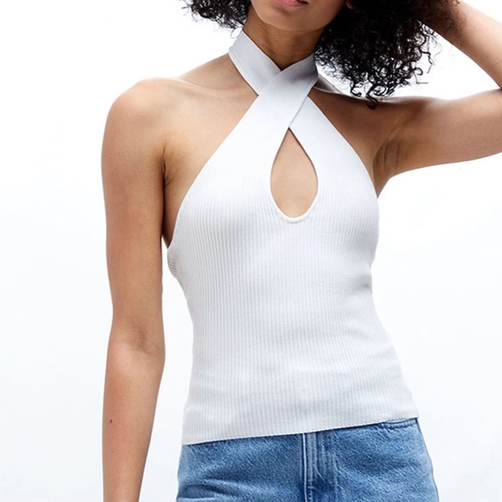 MINKPINK Maitland Sleeveless Halter Criss Cross White Knit Tank Top Size Large